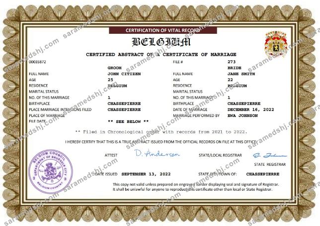 Belgium marriage certificate Word and PDF template